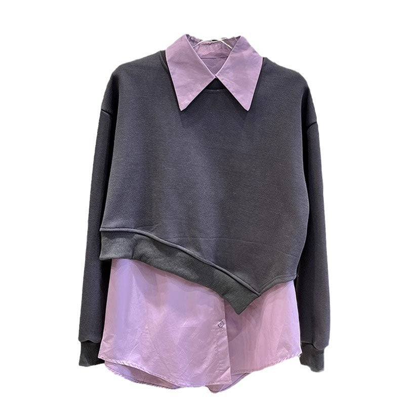 Luvéra Frühling Neue Einfarbiges Revershemd Asymmetrisches Cropped Sweatshirt Zweiteiliges Set