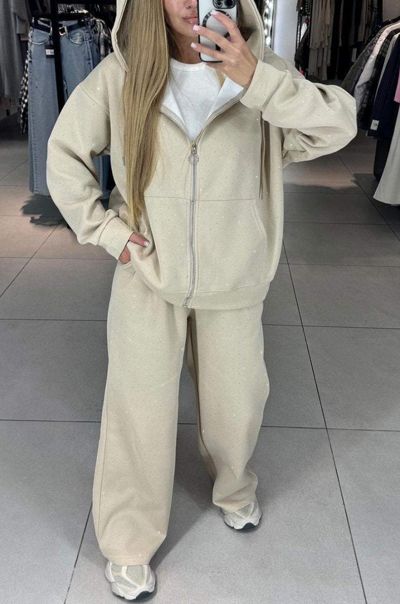 Luvéra Damen Casual Rundhals Drilling Kordelzug Knöchelgebunden Zweiteiler Anzug