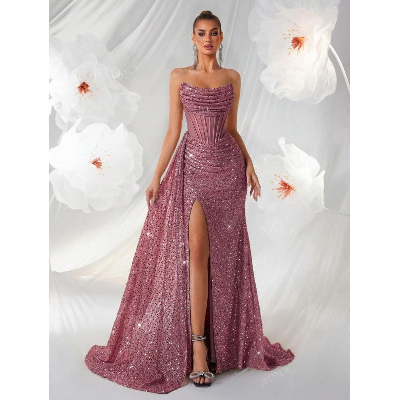 Luvéra Damen schulterfreies ausgehöhltes Fischgräten-Plisseekleid