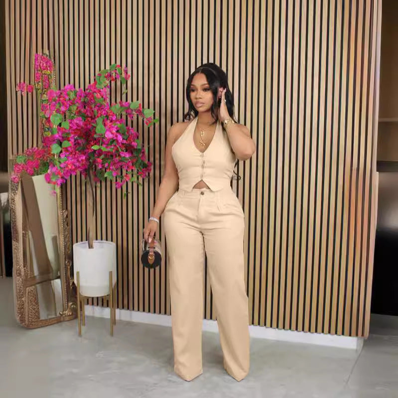 Luvéra Einfarbig V-Ausschnitt Neckholder Blazer Weste Und Hose Set