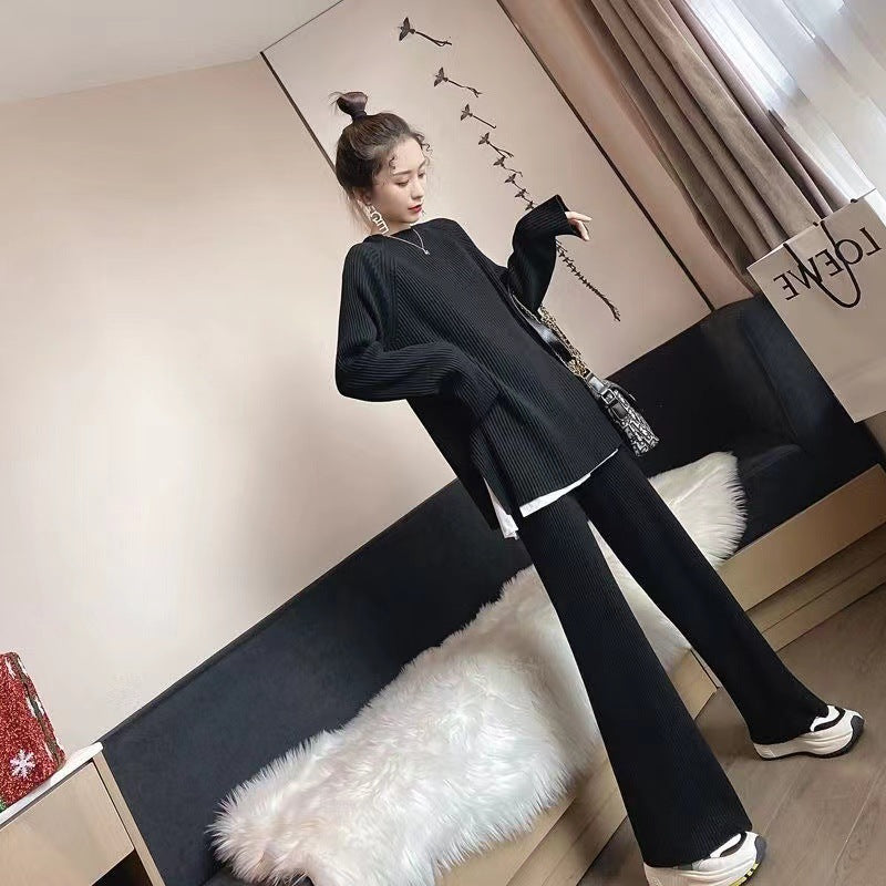 Luvéra Gestrickter Pullover Weitbein Hosen Anzug Frauen