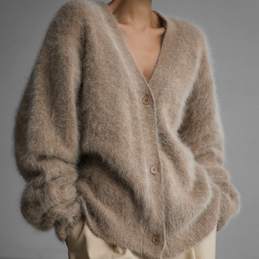 Luvéra Lose V-Ausschnitt Knopf Strickjacke Herbst Winter Mode Einreihig Gestrickt Pullover Top Damen Kleidung