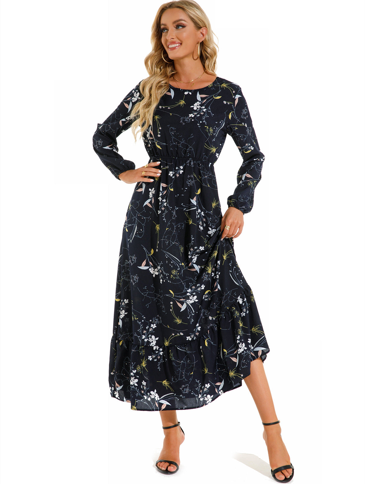 Luvéra Damen vielseitiges Blumen-Chiffon-Kleid mit Rundhalsausschnitt