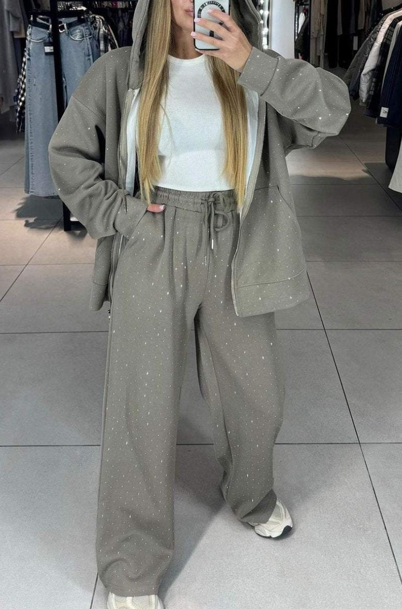 Luvéra Damen Casual Rundhals Drilling Kordelzug Knöchelgebunden Zweiteiler Anzug