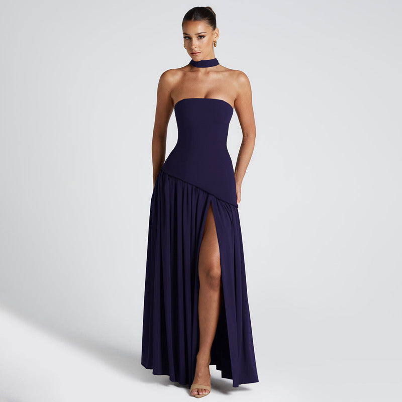 Luvéra Pure Color Split Rückenfrei Elegantes Streamer Kleid