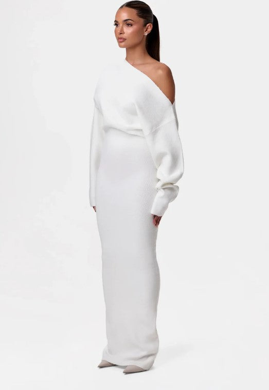Luvéra Ins Slim Langarm Strickkleid Abendparty Sexy Off-Schulter Bodycon Lange Kleider