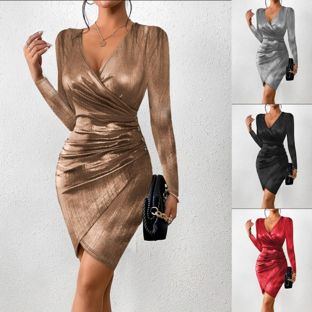 Luvéra Hüfte-gewickelt Mode V-Ausschnitt Schlitz Einfarbig Kleid Frauen