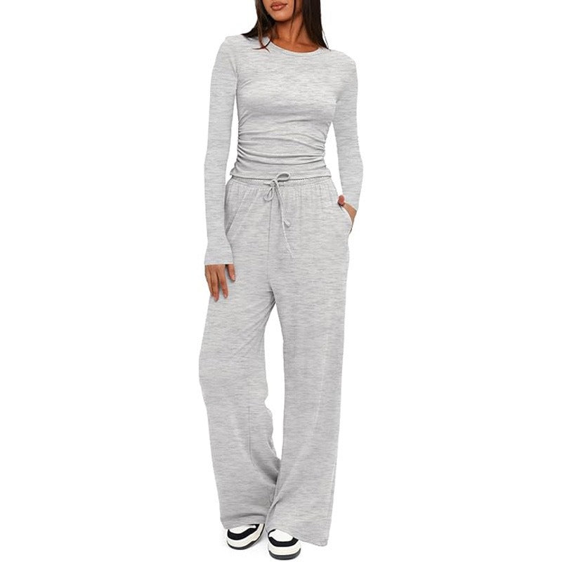 Luvéra 2 Stück frauen Anzug Herbst Winter Langarm Tops Hohe Taille Breite Bein Hosen Sportswear Weibliche Kleidung Einfarbig Casual Anzug