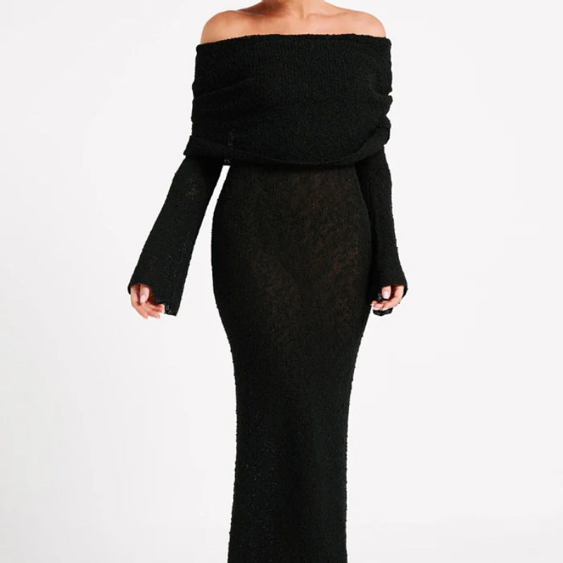 Luvéra Französisch-Stil Ein-Schulter-Strickkleid Mode Party Strand Langarm Lange Kleider Herbst Wainter Damenbekleidung