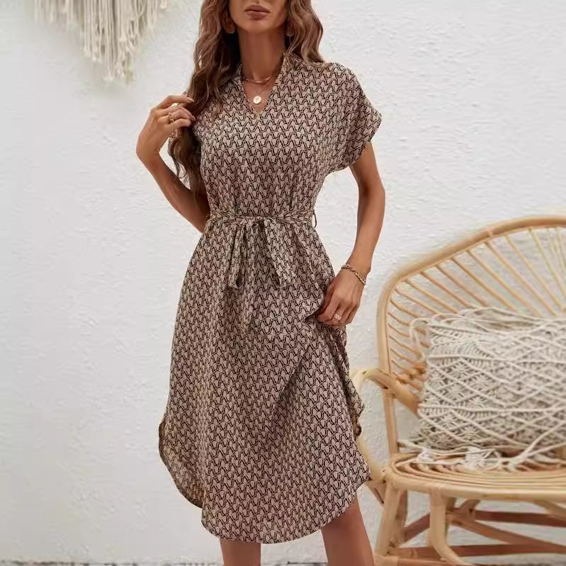 Luvéra Mode bedrucktes Taillenkontrollärmel V-Ausschnitt Slim Kleid