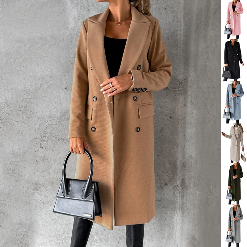 Luvéra Zwei Breasterige Revers Mantel Winter Mode Solide Slim Lange Jacke Langarm Tops Frauen Kleidung