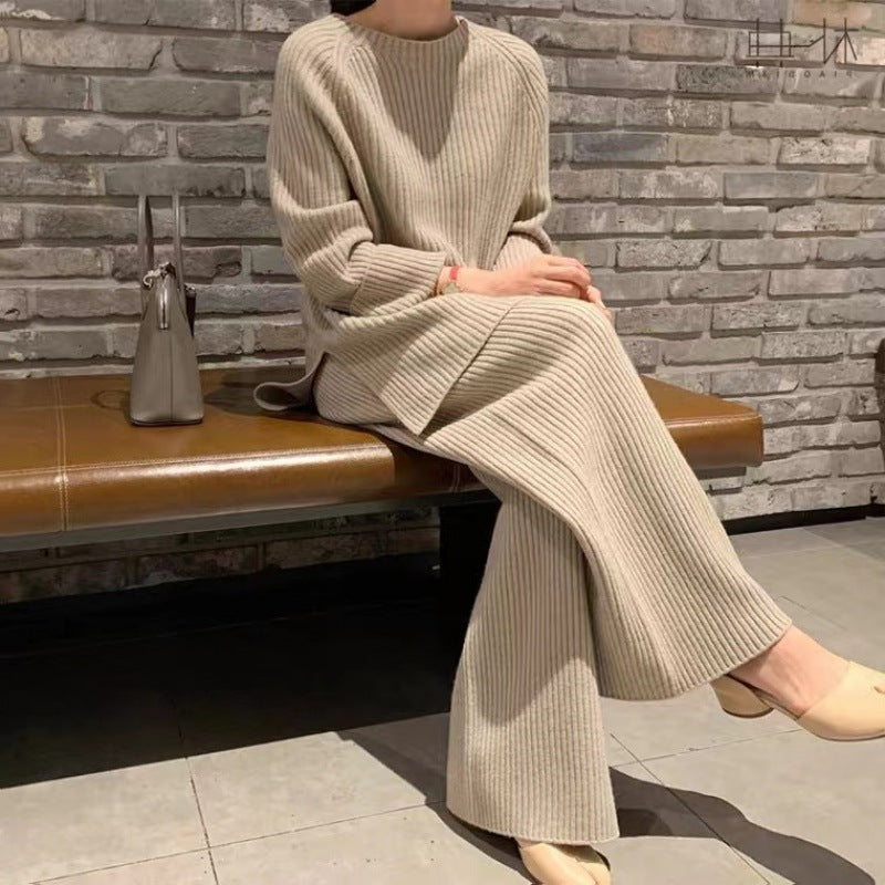 Luvéra Gestrickter Pullover Weitbein Hosen Anzug Frauen