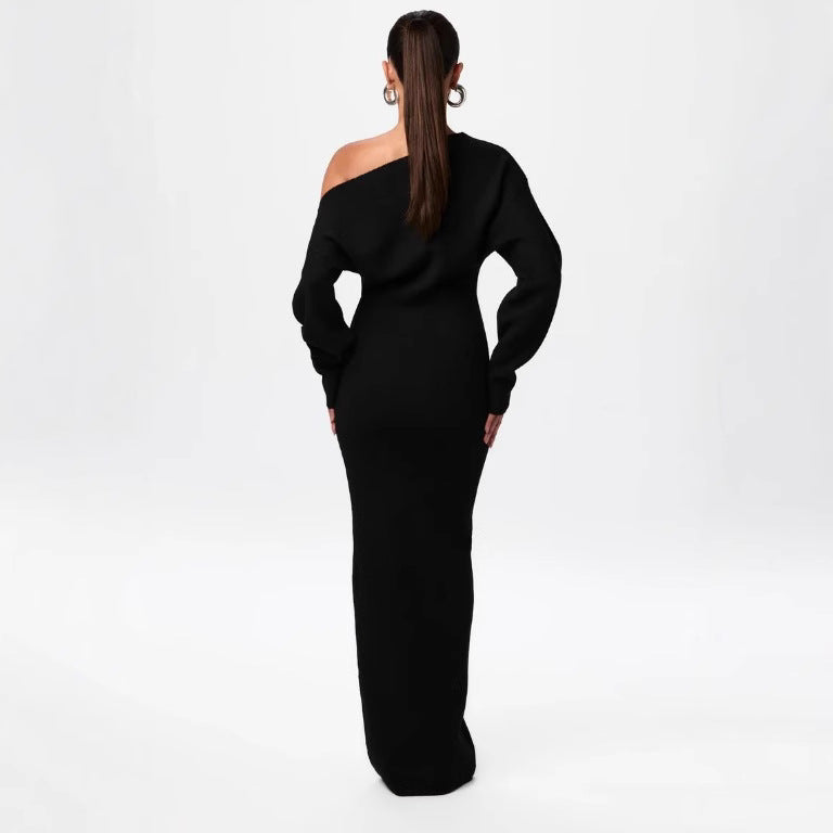 Luvéra Ins Slim Langarm Strickkleid Abendparty Sexy Off-Schulter Bodycon Lange Kleider