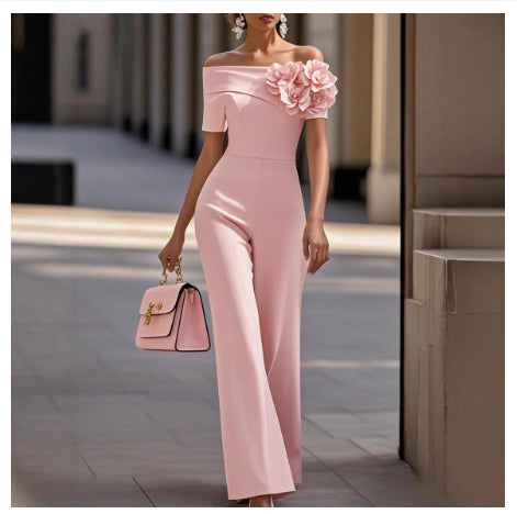 Luvéra Schulterfreier Damen Jumpsuit mit 3D-Blumen - Elegantes Wide-Leg Overall