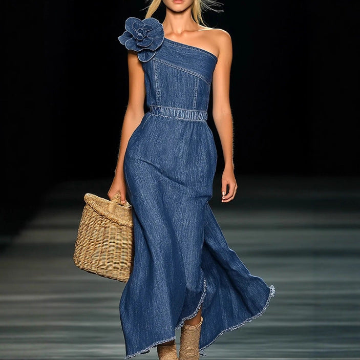 Luvéra Elegantes Jeanskleid - Maxi mit 3D-Blüten