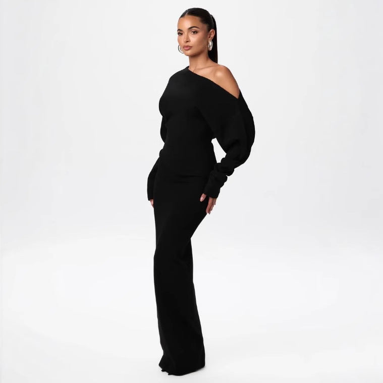 Luvéra Ins Slim Langarm Strickkleid Abendparty Sexy Off-Schulter Bodycon Lange Kleider