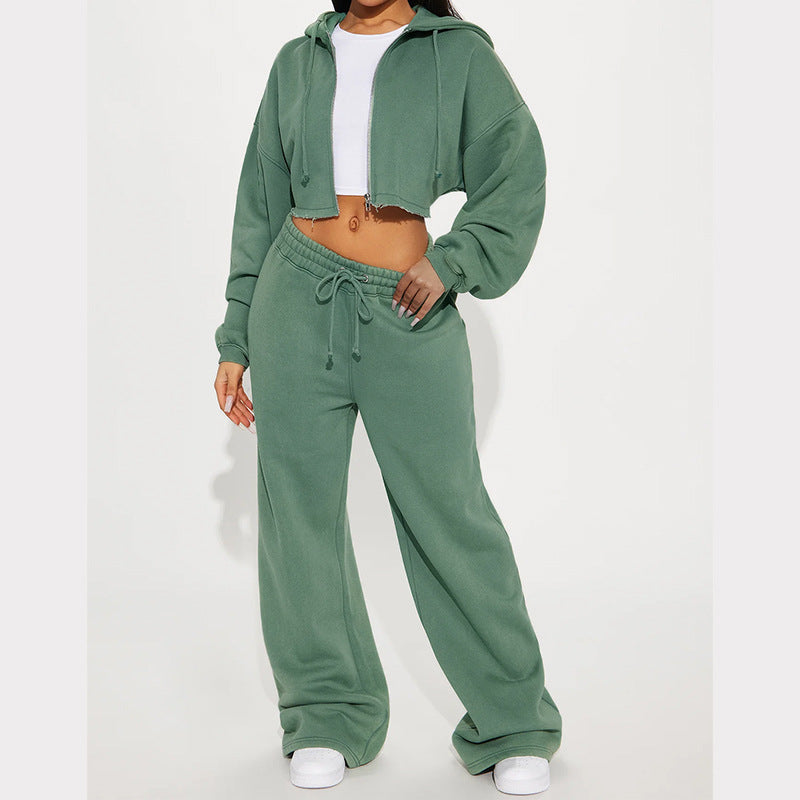 Luvéra Kapuze vorne Strickjacke Reißverschluss Pullover Breites Bein Lose Hose Anzug