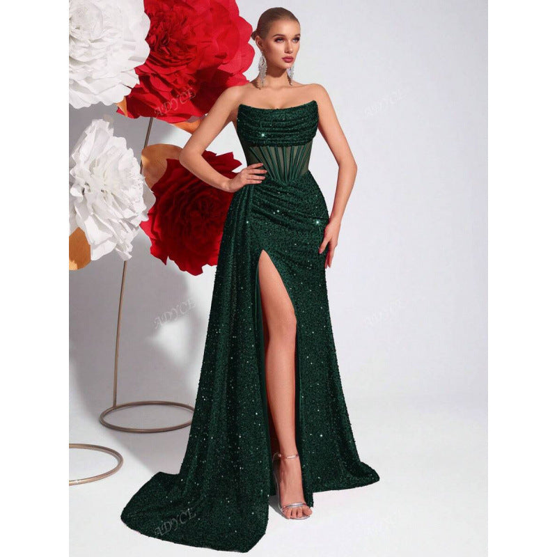 Luvéra Damen schulterfreies ausgehöhltes Fischgräten-Plisseekleid