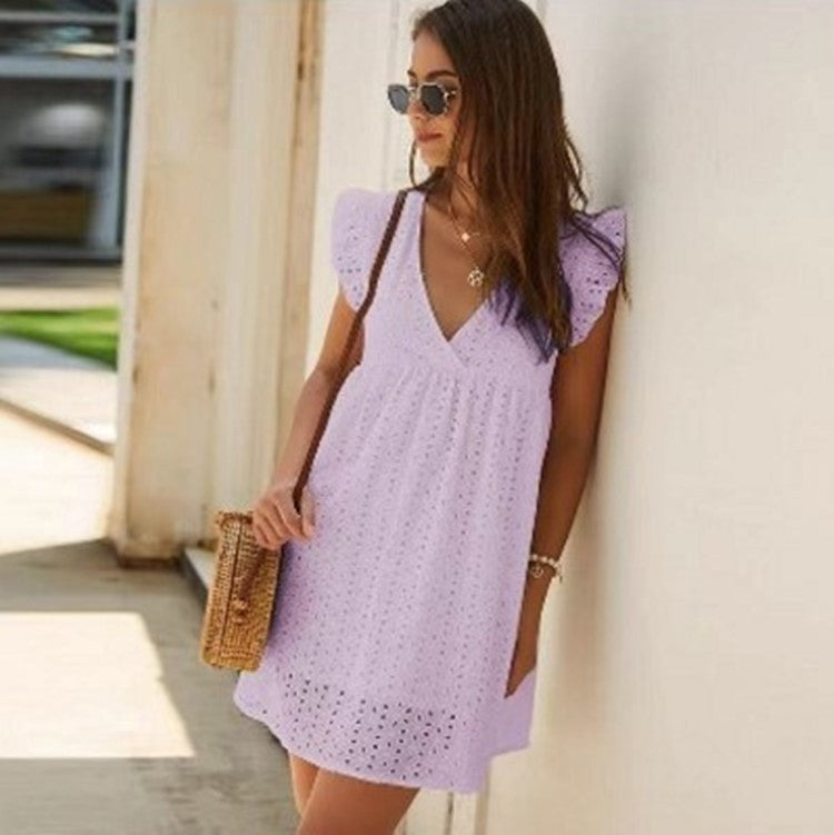 Luvéra Sommer V-Ausschnitt Baumwolle Kurzer Rock Einfarbig Kleid