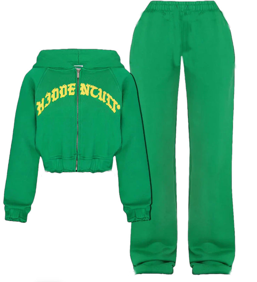 Luvéra Sport Anzug Zip-up Hooded Cropped Sweatshirt Top Und Lose Kordelzug Hosen Mode Frauen Kleidung
