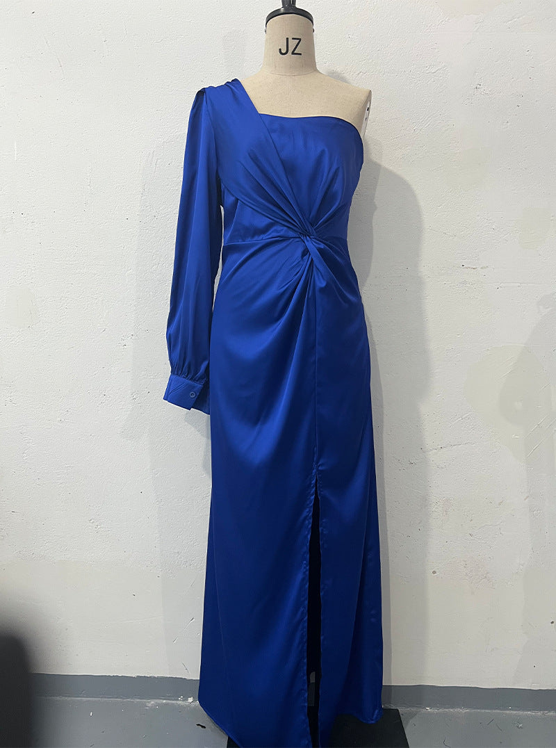 Luvéra Frauen Ein-Schulter Split Kleid Ins Mode Langarm Schlank Lange Kleider Party Abend Kleidung