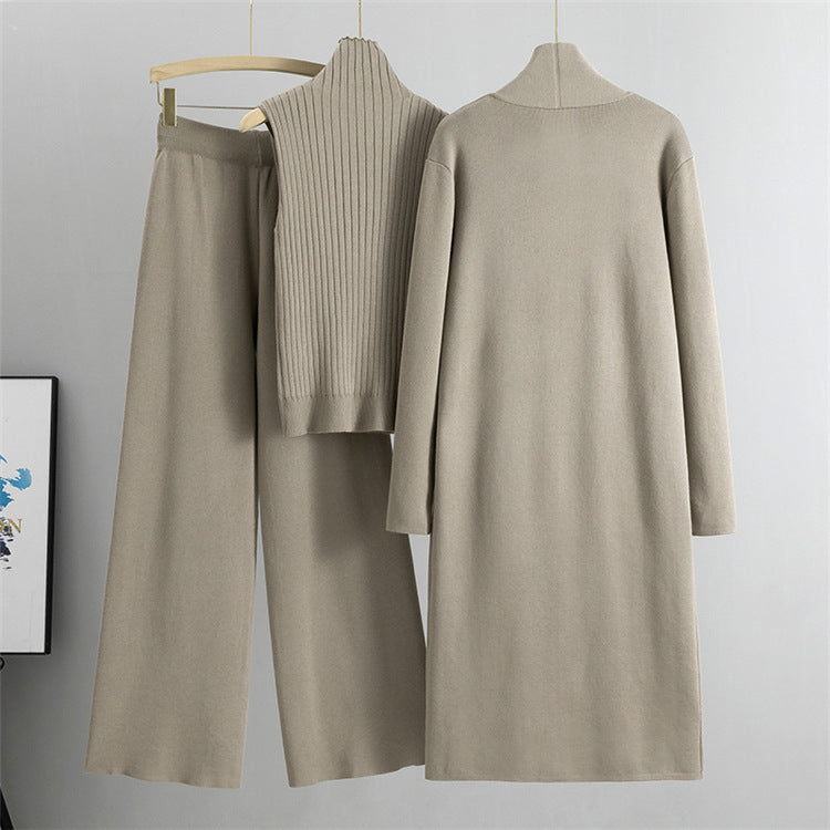 Luvéra 3 Stück Anzüge Frauen Mode Stricken Ärmellose Weste Pullover Lange Strickjacke Und Breite Bein Hosen Drei-Stück Set