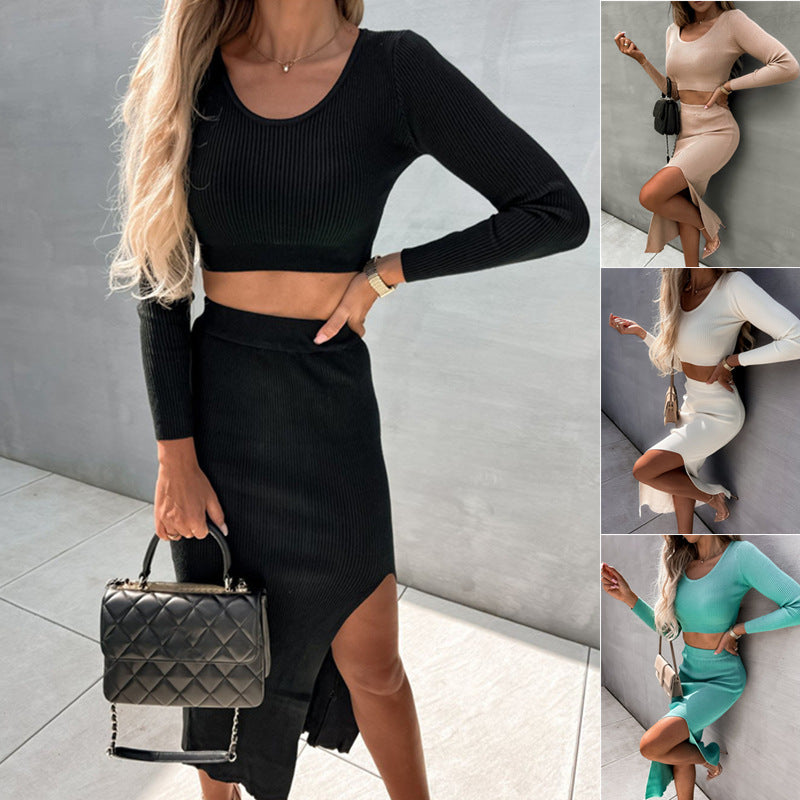 Luvéra grenzüberschreitend Außenhandel Damenbekleidung Neue Einfarbig Langarm Mode Sexy Split Maxikleid Zweiteiliges Set