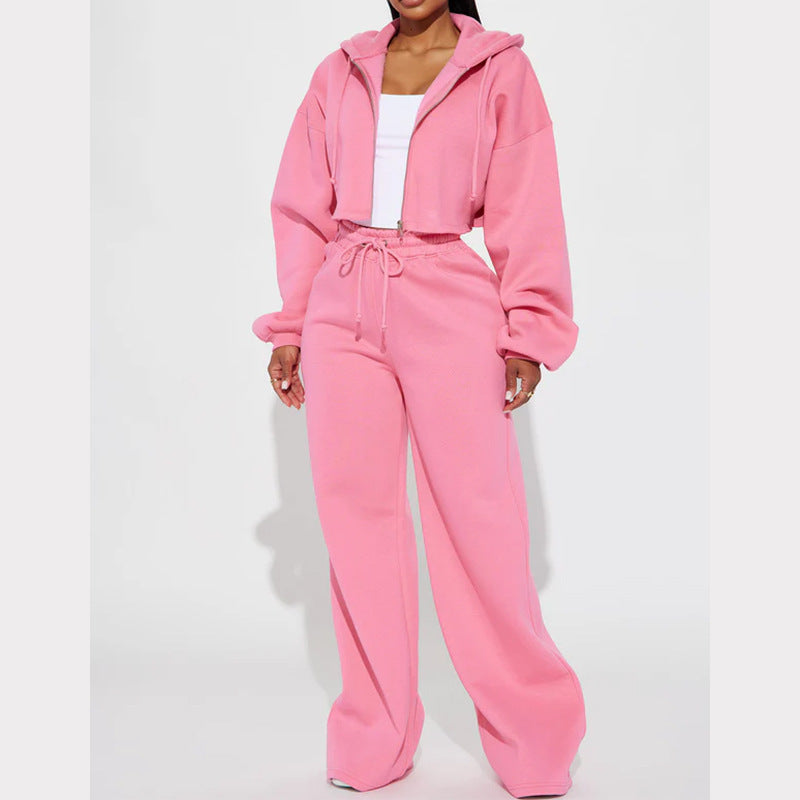Luvéra Kapuze vorne Strickjacke Reißverschluss Pullover Breites Bein Lose Hose Anzug