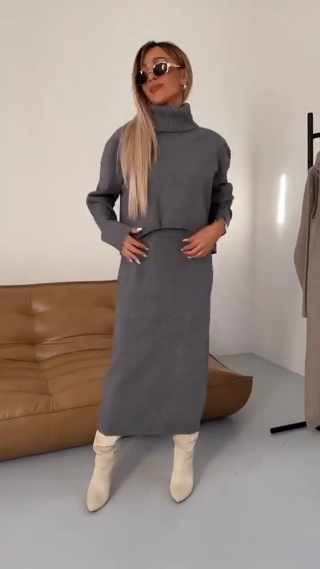 Luvéra Rollkragen Lange Einfarbige Strickkleid Pullover Zweiteiliges Set