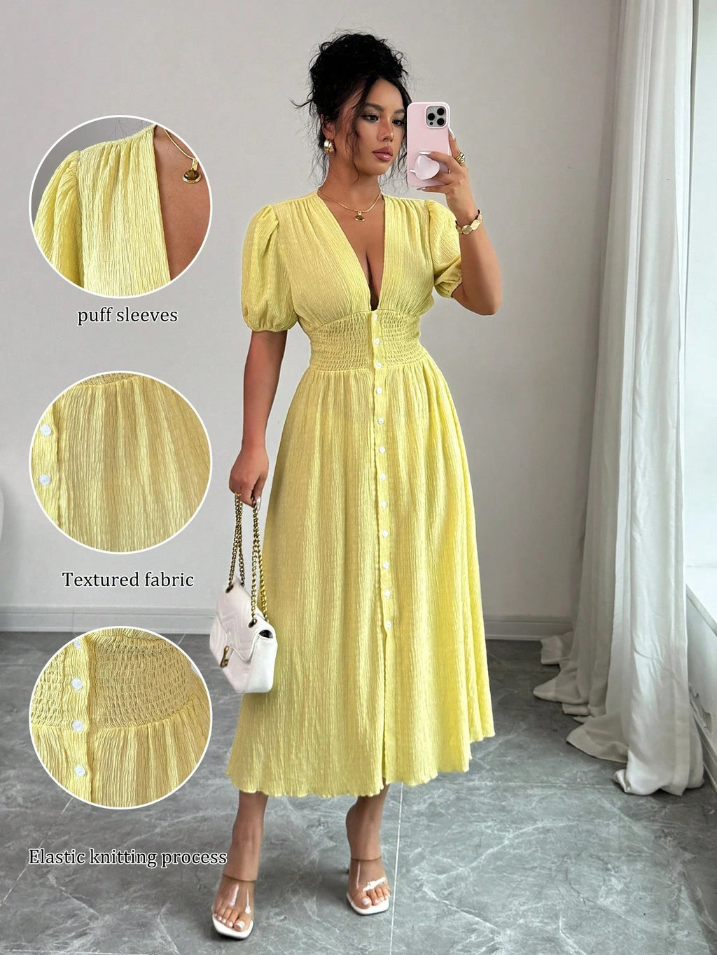Luvéra Elegantes V-Ausschnitt Midikleid mit Puffärmeln stilvolles Damenkleid in A Linie