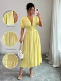 Luvéra Elegantes V-Ausschnitt Midikleid mit Puffärmeln stilvolles Damenkleid in A Linie