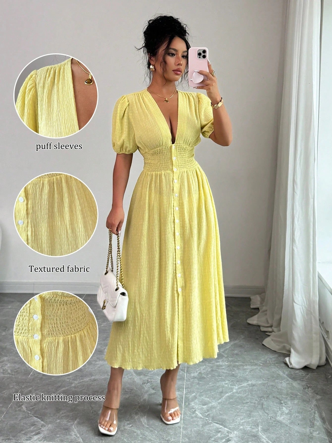 Luvéra Elegantes V-Ausschnitt Midikleid mit Puffärmeln stilvolles Damenkleid in A Linie