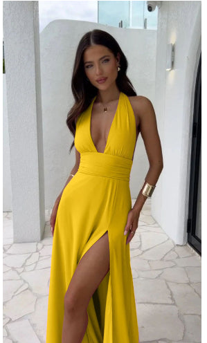 Luvéra Neckholder V-ausschnitt Schlitz Kleid Sommer Backless Riemchen Rock Mode Temperament Kleidung Frauen