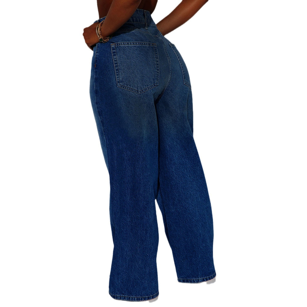 Luvéra Dunkelblaue Jeans mit weitem Bein und weitem Bein und bodenlanger Länge