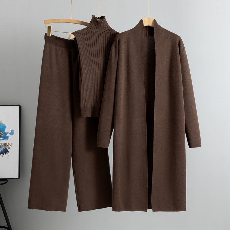 Luvéra 3 Stück Anzüge Frauen Mode Stricken Ärmellose Weste Pullover Lange Strickjacke Und Breite Bein Hosen Drei-Stück Set