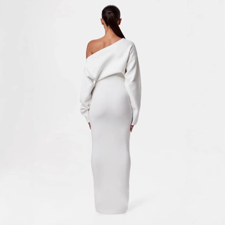 Luvéra Ins Slim Langarm Strickkleid Abendparty Sexy Off-Schulter Bodycon Lange Kleider