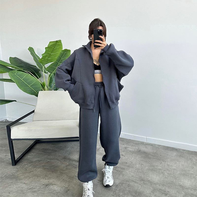 Luvéra Sportanzüge mit Taschen Stehkragen Reißverschluss Strickjacke und Kordelzug Hose Mode Jogger Set Outfits Trainingsanzüge Damenbekleidung