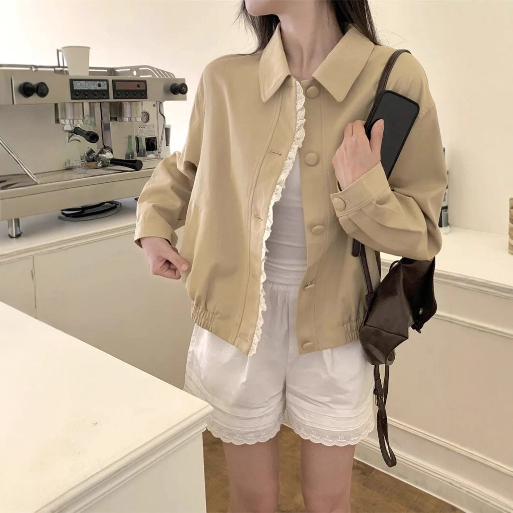 Luvéra Frauen Mode Patchwork Spitze Kragen Kurze Mantel