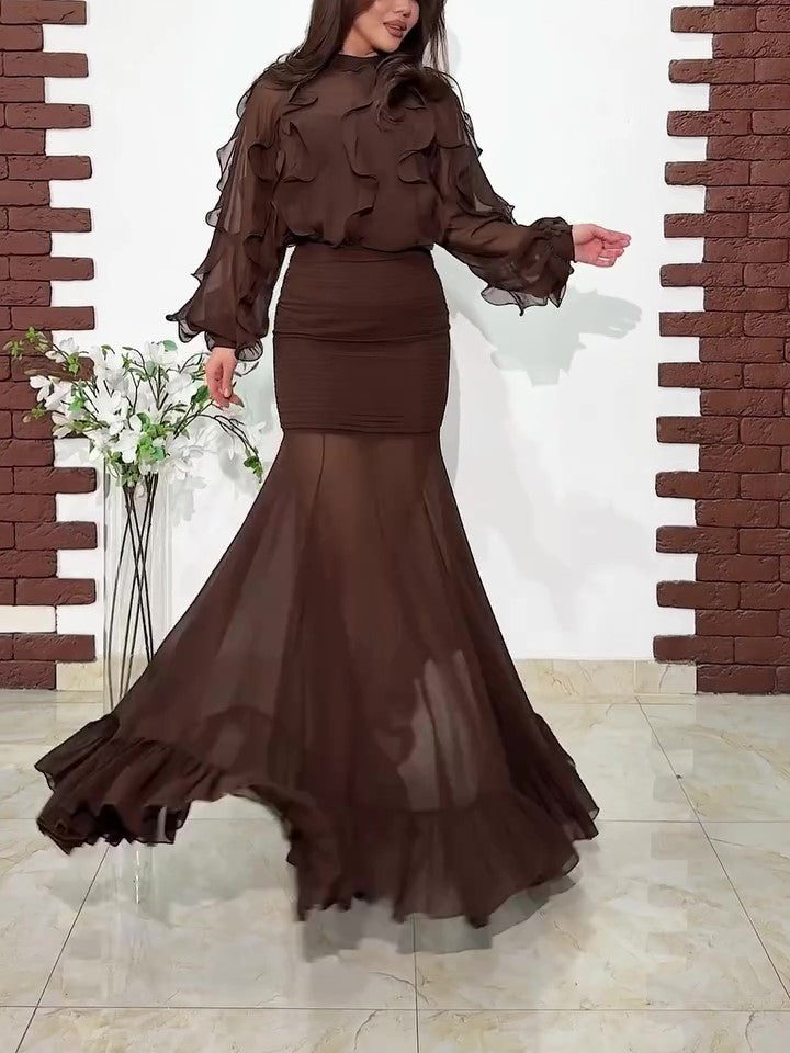 Luvéra Dunkelbraune Chiffon Bluse & Sheer Meerjungfrau Maxirock 2-teiliges Set