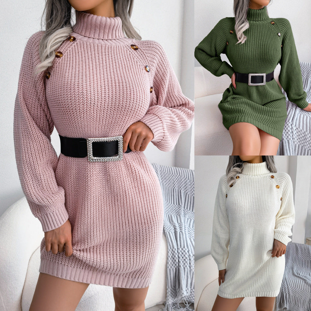 Luvéra Winter Rollkragen Lange Pullover Kleid Mit Knopf Design Freizeit Clinch Langarm Basis Pullover Frauen