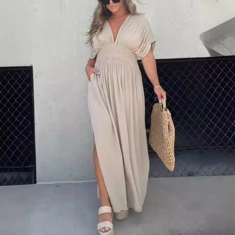 Luvéra Mode Bat-sleeved V-neck Slit Kleid Sommer Kurzarm Elastische Taille Lange Kleider Frauen Kleidung