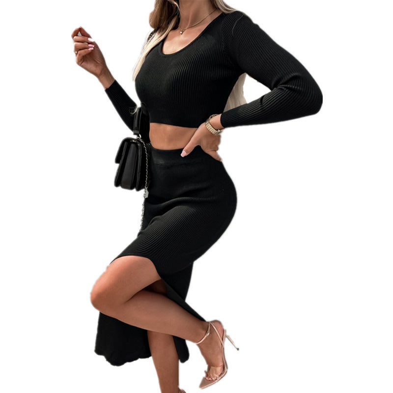 Luvéra grenzüberschreitend Außenhandel Damenbekleidung Neue Einfarbig Langarm Mode Sexy Split Maxikleid Zweiteiliges Set