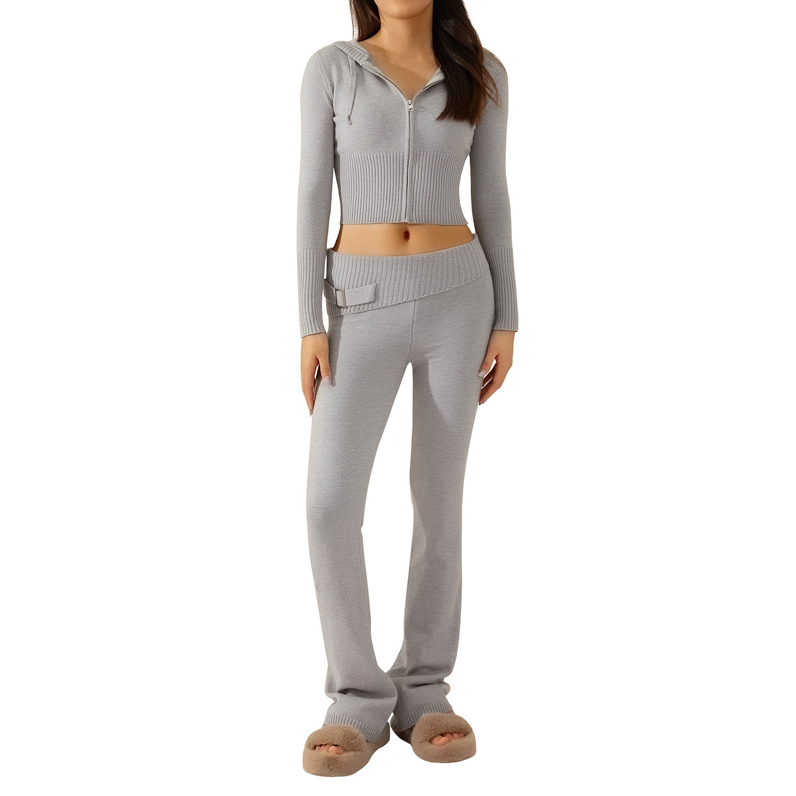 Luvéra Gestrickte Kapuzenanzüge Damen Langarm Strickjacke Und Hohe Taille Hosen Kleidung