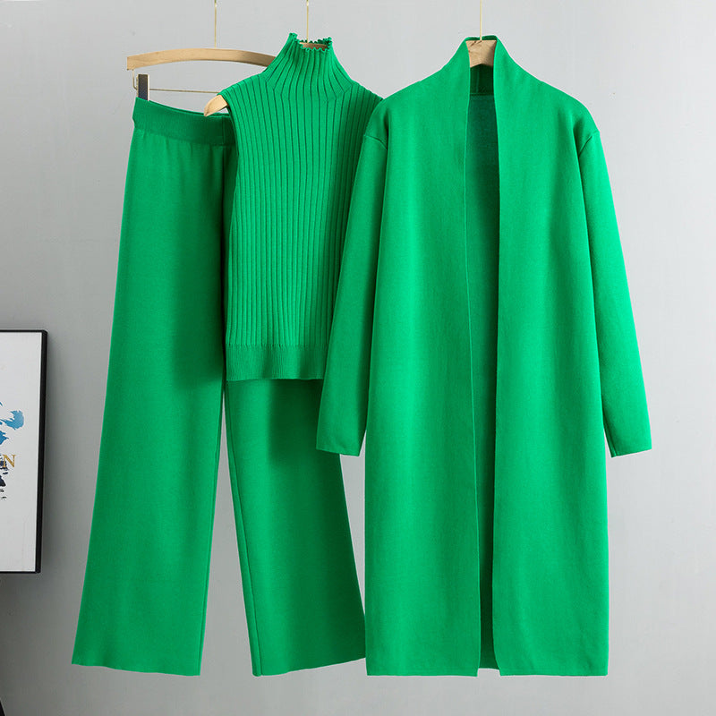 Luvéra 3 Stück Anzüge Frauen Mode Stricken Ärmellose Weste Pullover Lange Strickjacke Und Breite Bein Hosen Drei-Stück Set