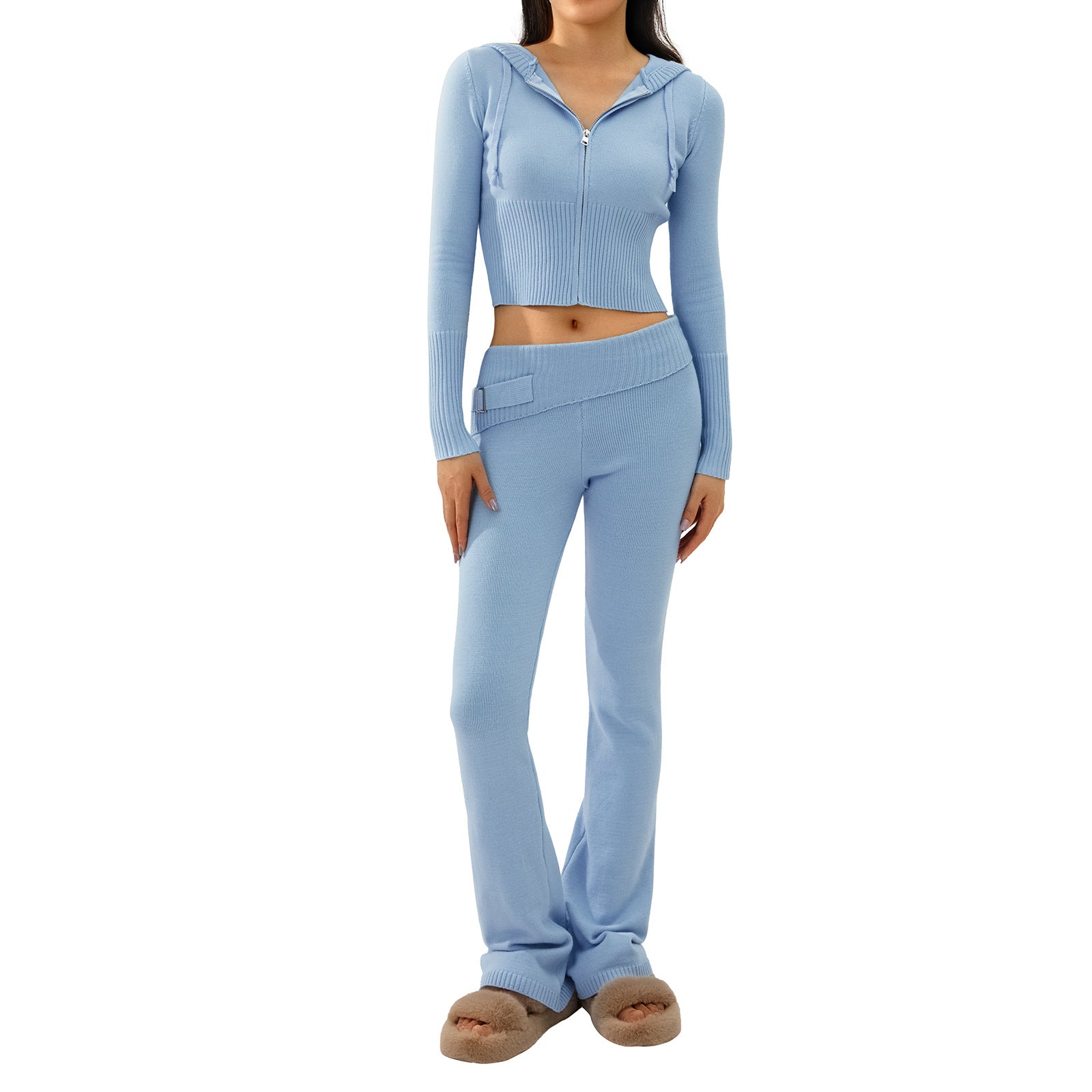 Luvéra Gestrickte Kapuzenanzüge Damen Langarm Strickjacke Und Hohe Taille Hosen Kleidung