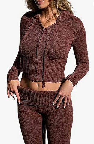 Luvéra Gestrickte Kapuzenanzüge Damen Langarm Strickjacke Und Hohe Taille Hosen Kleidung