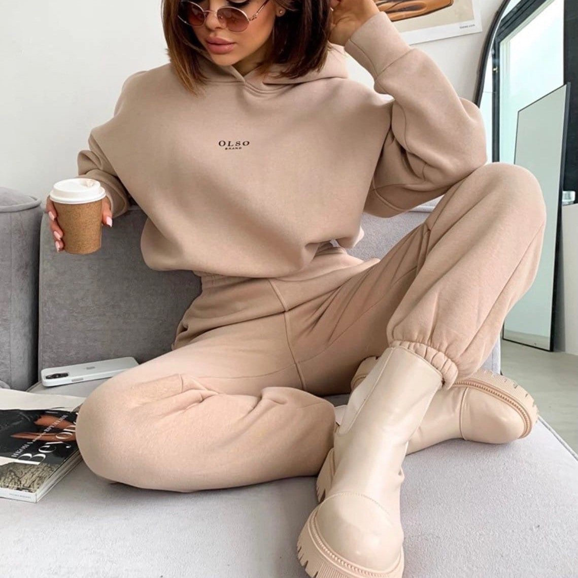 Luvéra Damen gestricktes Fleece-Lässiges Anzug-Zweiteiler-Set