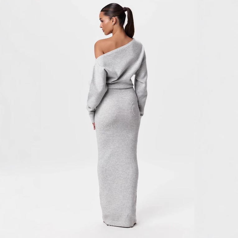 Luvéra Ins Slim Langarm Strickkleid Abendparty Sexy Off-Schulter Bodycon Lange Kleider