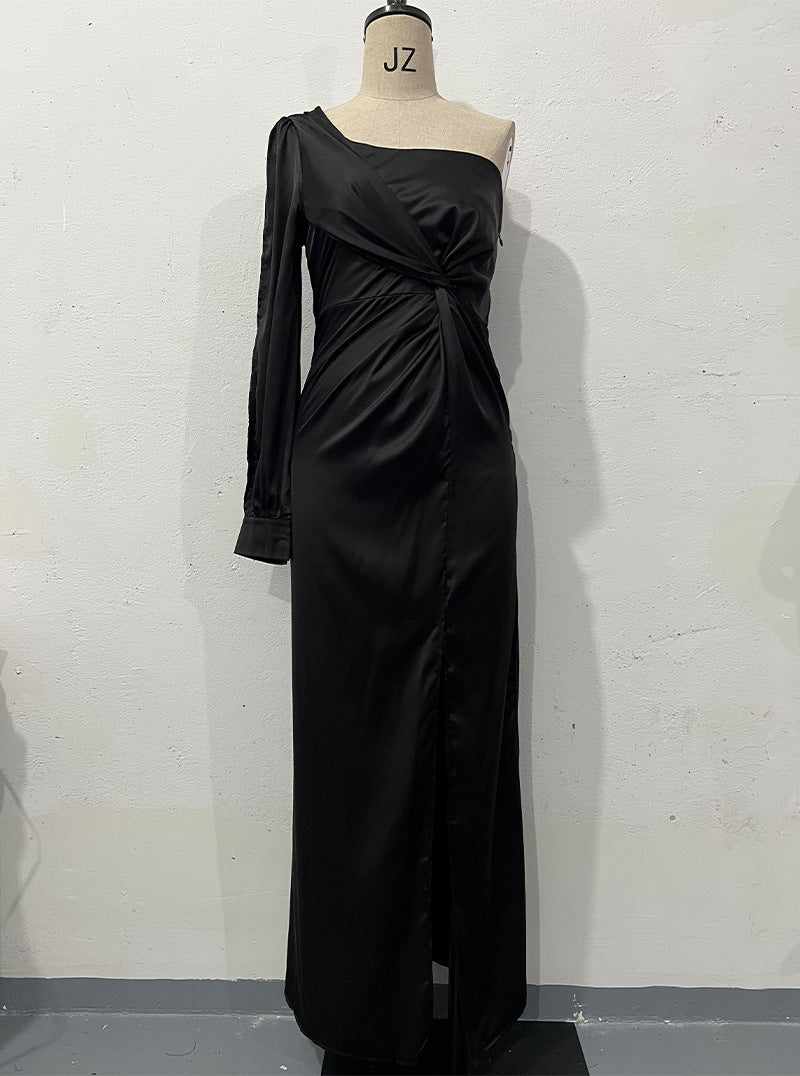 Luvéra Frauen Ein-Schulter Split Kleid Ins Mode Langarm Schlank Lange Kleider Party Abend Kleidung