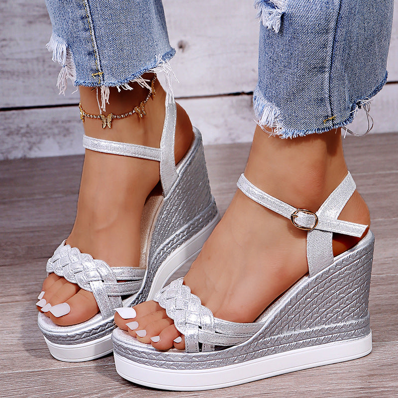 Luvéra Schnalle Plattform High Heel Net Rot Keil Frauen Schuhe